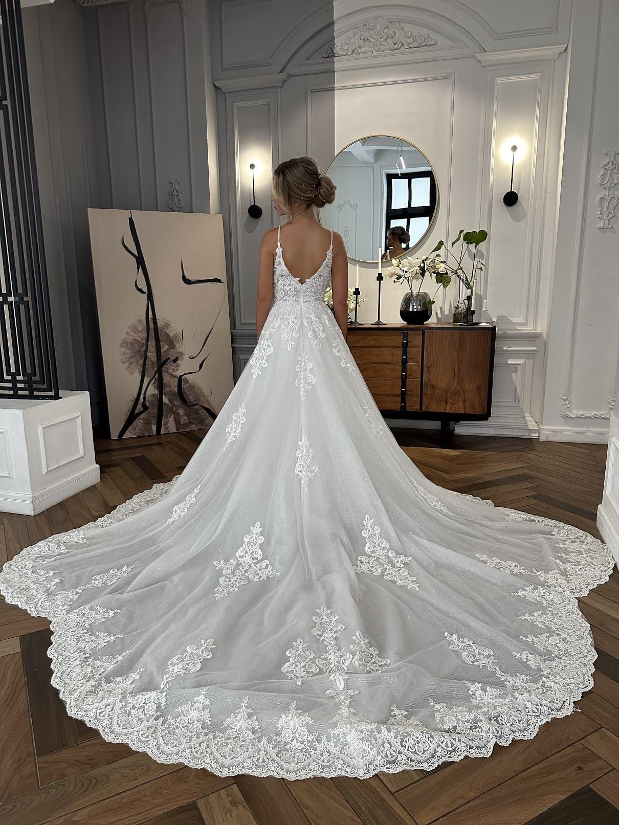 Elegant Sparkly Lace Deep V Neck Spaghetti Straps A-Line Wedding Dress Beaded Embroidery Appliques Sleeveless Bridal Gowns can be customized