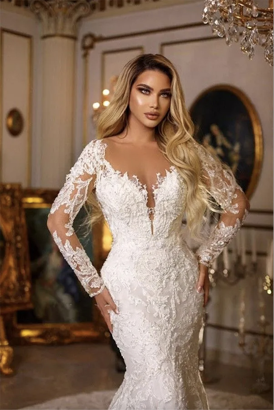 New Lace Mermaid Wedding Dresses Sheer Long Sleeves Tulle Applique High Neck Illusion Court Train Bridal Gowns With Buttons Back