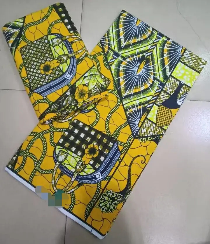 100% Cotton Veritable Super-W d Super Real Wax Block Print Fabric Dutch Hollandais Pagne Dress Gold Embellished 240306