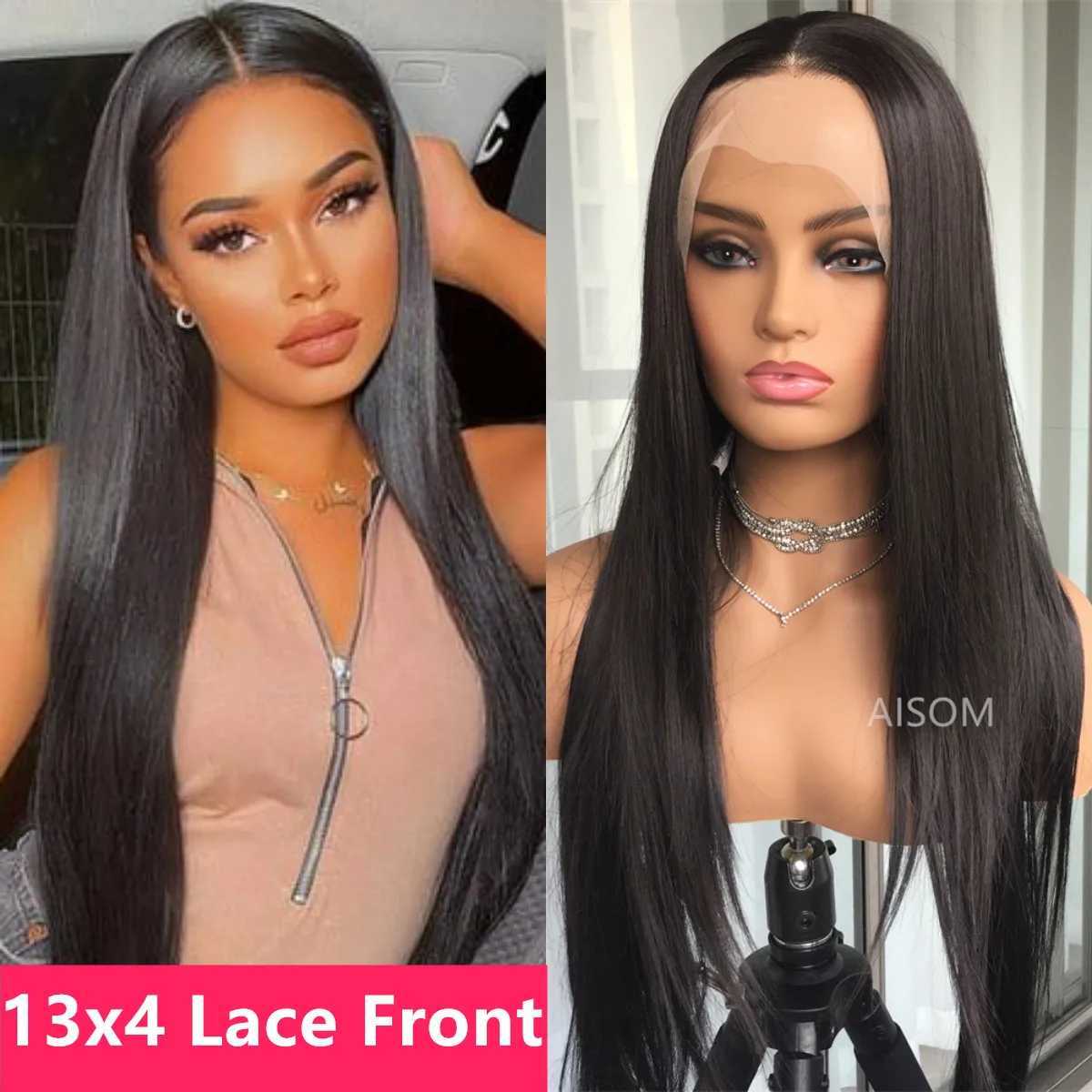 Frontal Straight Wigs For Women Synthetic Mix Human Hair 13X4 Lace Front Black 99J Preplucked Glueless Fiber Wig 240328 240327
