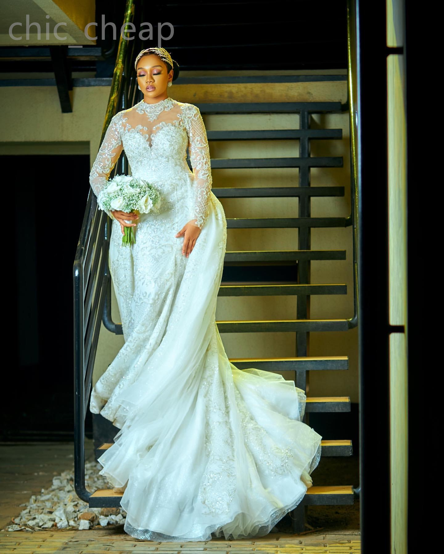 2024 Arabic Aso Ebi Plus Size Ivory Mermaid Lace Wedding Dress Sequined Detachable Train Bridal Gowns Dresses ZJ044