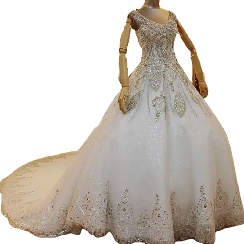 Gown Ball Beaded Rhie Wedding Dresses Chapel Train Shiny Crystal Bridal Gowns Illusion Open Back Gorgeous Formal Dress For Bride S