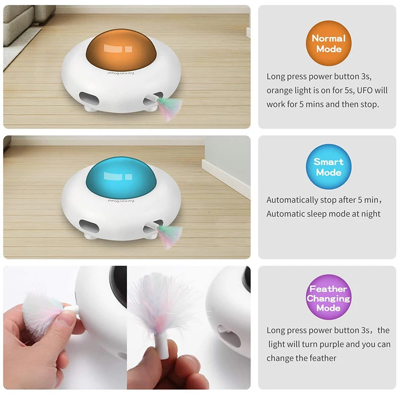 Intelligent Automatic Cat Toys UFO Interactive Cat Toys Pets Turntable Training Toys USB Charging Cat Teaser Replaceable Feather 240315