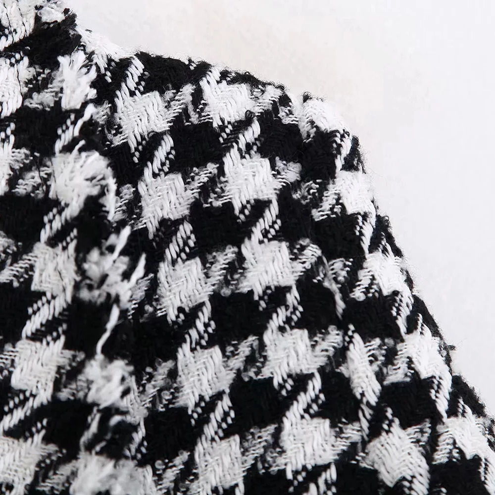Women Tweed Jackets Fashion Office Ladies Black Tassel Houndstooth Coats Female Autumn Vintage Thick Plaid Coat Girls Chic 240307
