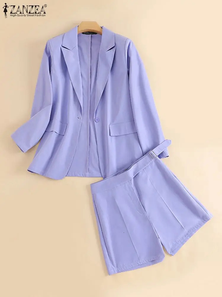 ZANZEA Long Sleeve Blazer And Short Pant Autumn Pure Cotton Short Sets Women Solid Work OL Tracksuits Stylish Elegant Suit 240311