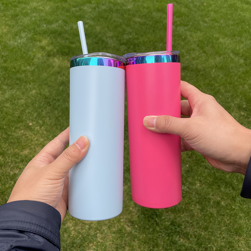 Colorful powder coated mirror rainbow plated underneath 20oz skinny straight stainless steel tumbler with lid and straw for laser engrave,sold by case