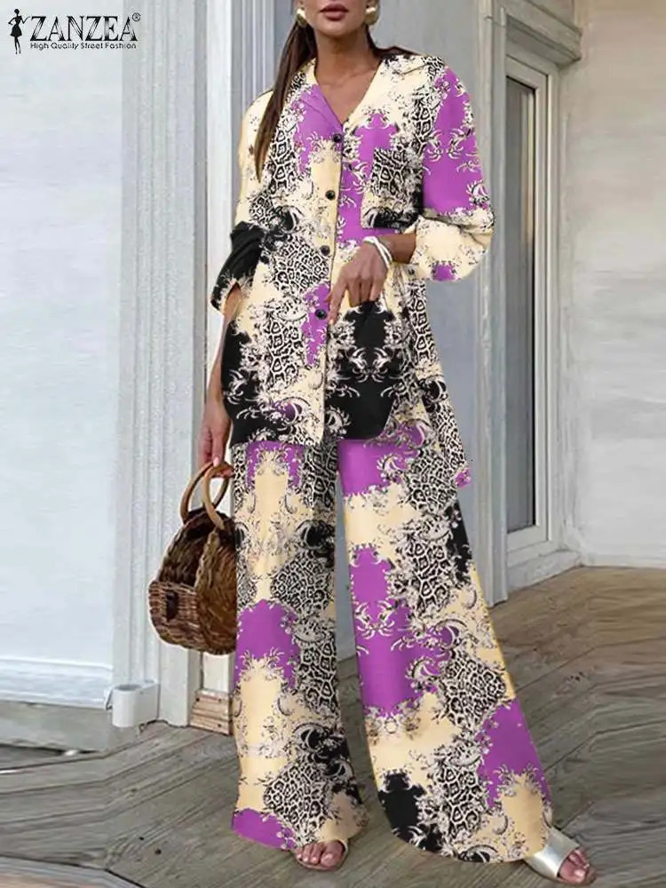 ZANZEA Printing Wide Leg Trousers Outfits Women Fashion Top and Pant 2pcs Pant Sets Long Sleeve Long Shirts Casual Tracksuits 240305