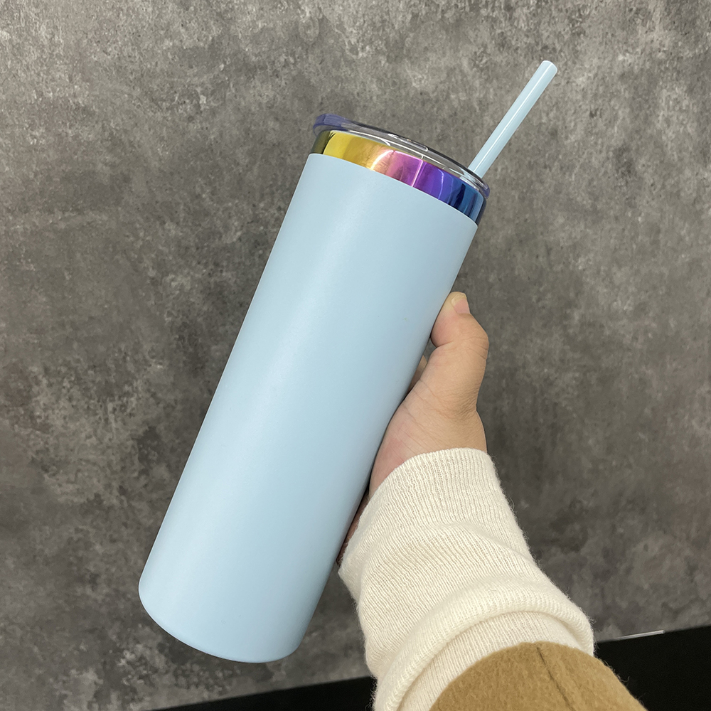 Colorful powder coated mirror rainbow plated underneath 20oz skinny straight stainless steel tumbler with lid and straw for laser engrave,sold by case