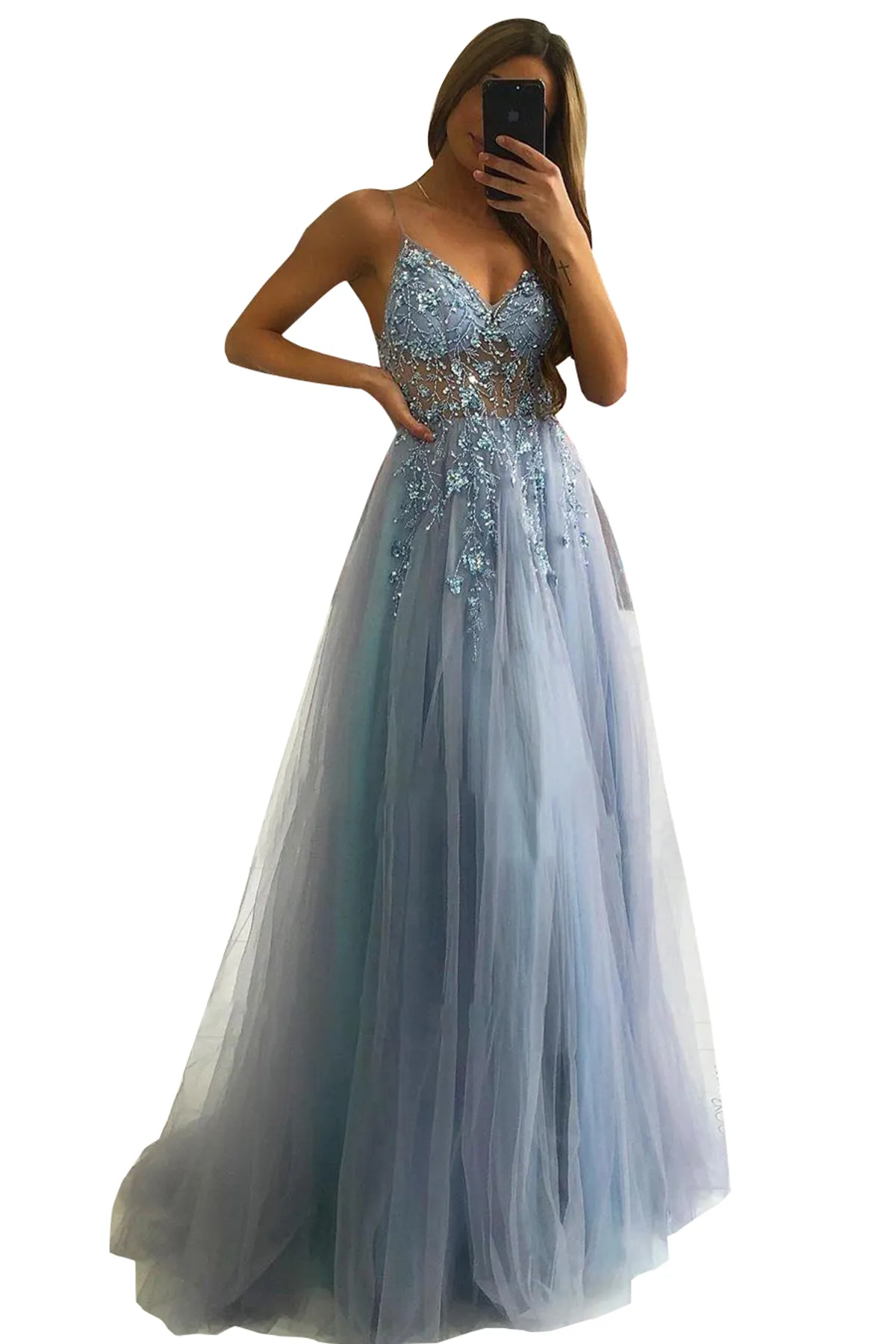 Champagne Grey Tulle Prom Dresses With Sexy Spaghetti Straps Appliques Illusion Top Beads A Line Evening Celebrity Gowns Bc5488