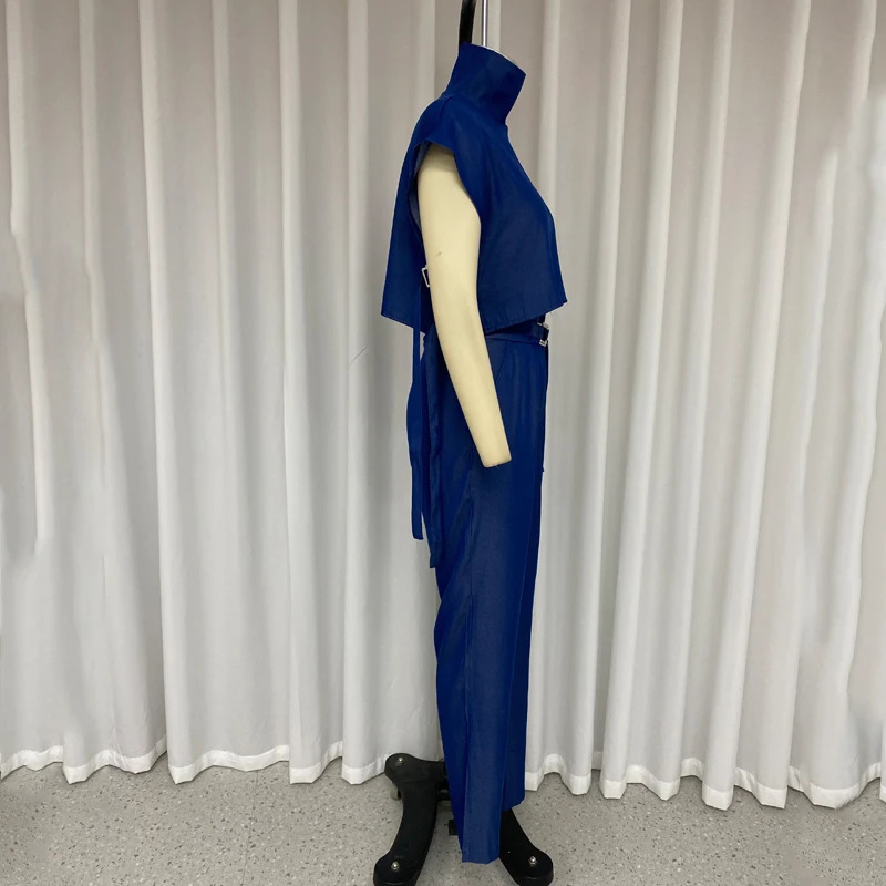 Waytobele Women Two Piece Set Summer Fashion Office Solid High Neck Short Sleeve Top Straight With Pockets Buckle Pants Sets 240314