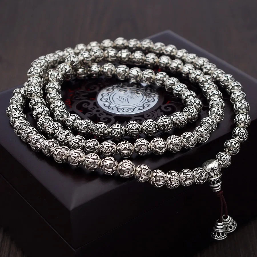 108 Beads Mantra Bracelets For Men and Women Six Words Engraved 925 Sterling Silver Om Mani Padme Hum Prayer Multilayer Bracelet 240305