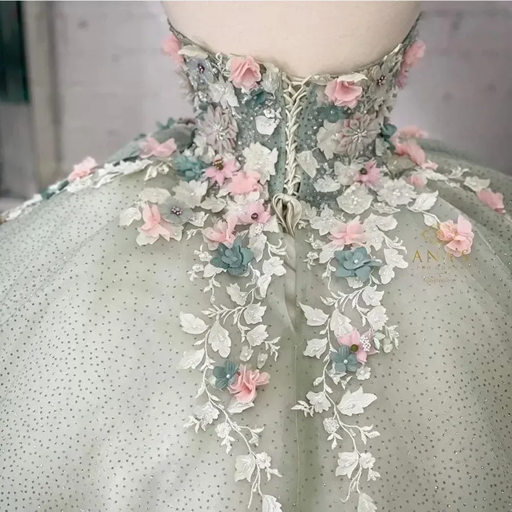 Light Green Handmade Flowers Quinceanera Dresses Ball Gown Sweetheart Sleeveless Appliques Corset For Sweet Girls Party