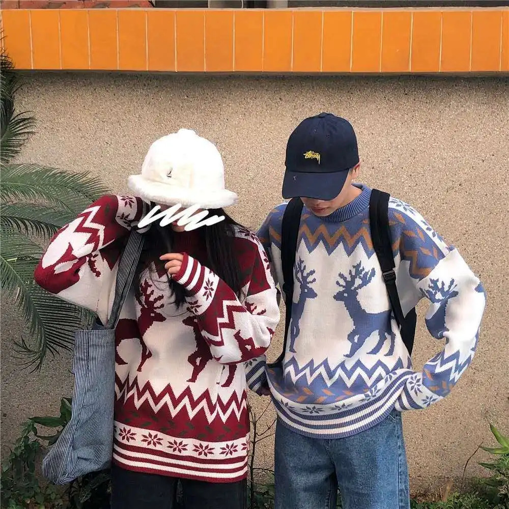 Sweater Christmas Warm Knitted Long Sleeve Autumn Pullovers Couple Chic Patchwork ONeck College Japanese Style Ins 240228