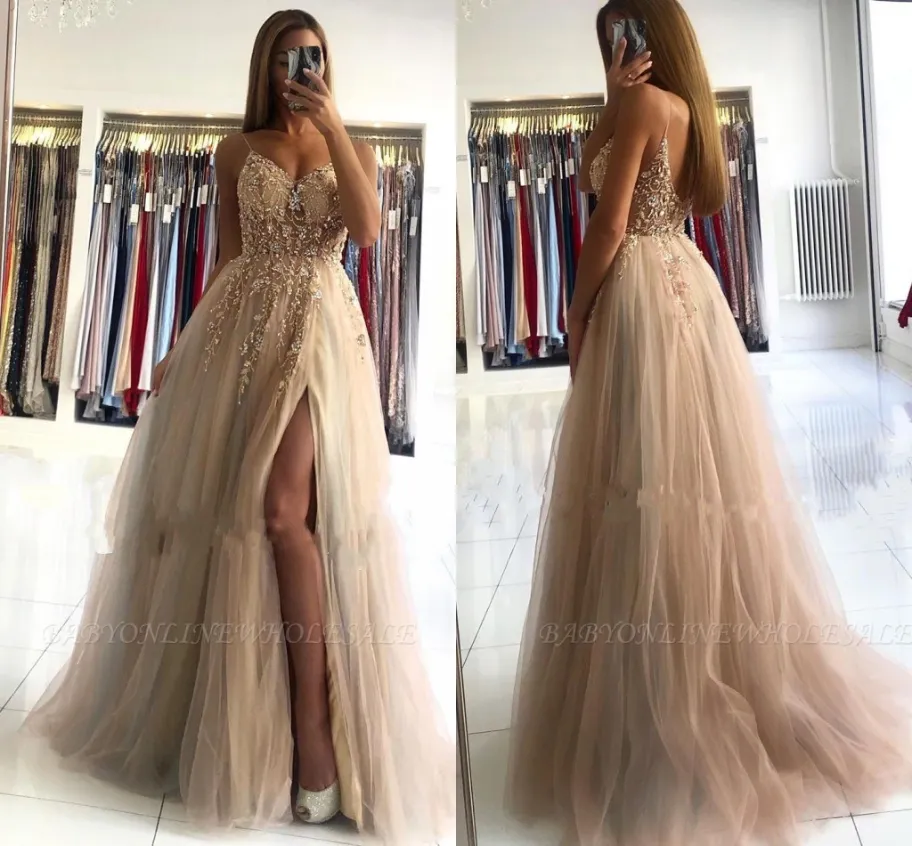 Champagne Grey Tulle Prom Dresses With Sexy Spaghetti Straps Appliques Illusion Top Beads A Line Evening Celebrity Gowns Bc5488