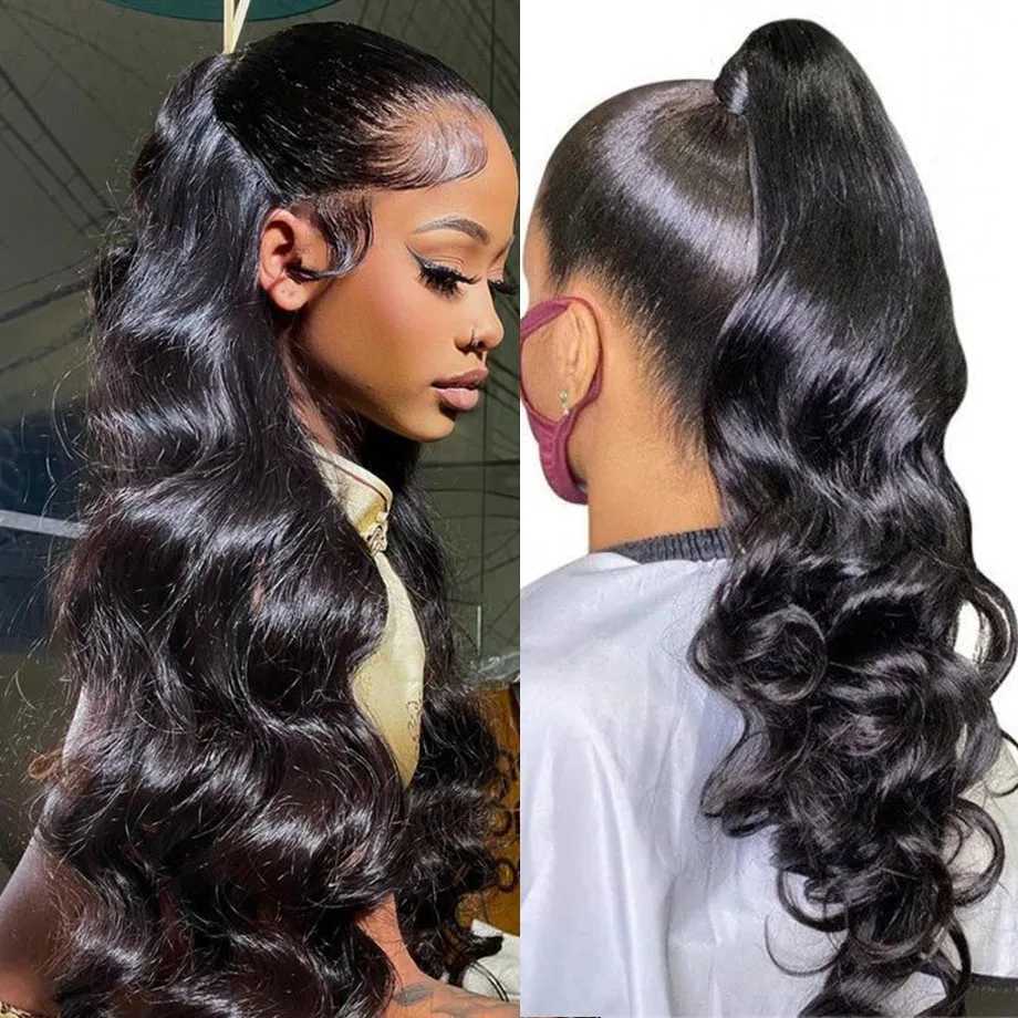 Synthetic 30 38Inch Body Wave 360 Wig High Ponytail 250 Density Human Hair For Women Transparent HD Lace Frontal Wigs 240328 240327