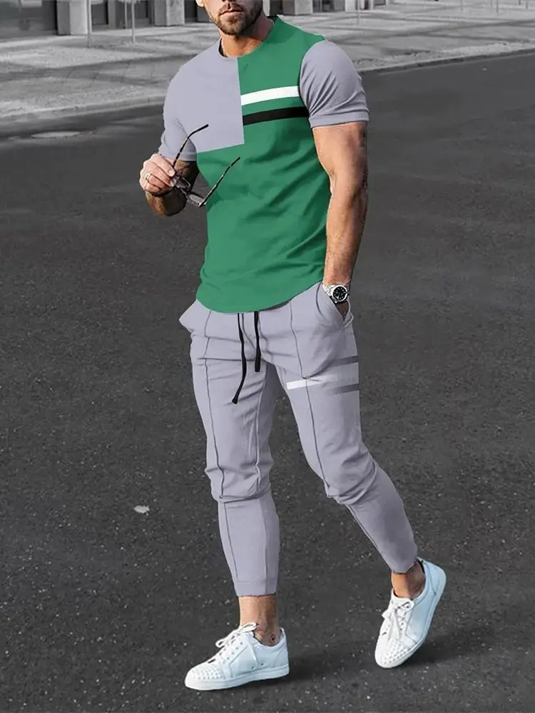 Fashion Men Tops Trousers Tracksuit Sportswear Short Sleeve T Shirt Long Sweatpants Streetwear 2 Piece Sets Clothing 240301