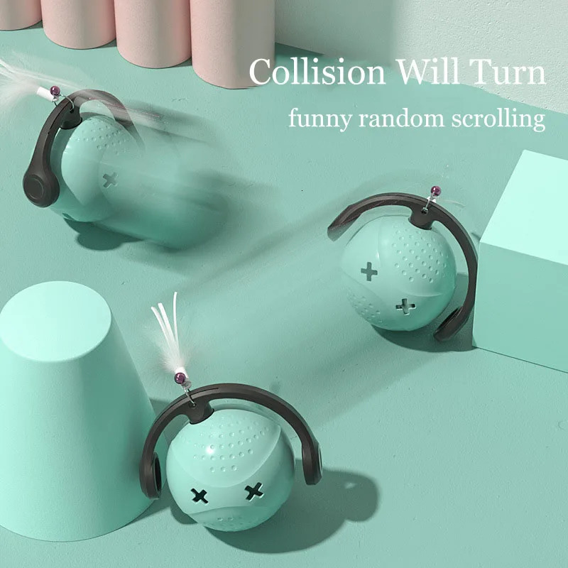 Rolling Ball Cat Toy Interactive Automatic Cat Teaser Feather Toys With Light Vibration Sensor Cats Game Toy Kitten Magic Ball 240315