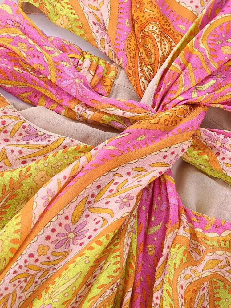 Willshela Women Fashion Printed Hollow Out Back Zipper Mini Dress Vintage VNeck Long Sleeves Female Chic Lady Dresses 240305