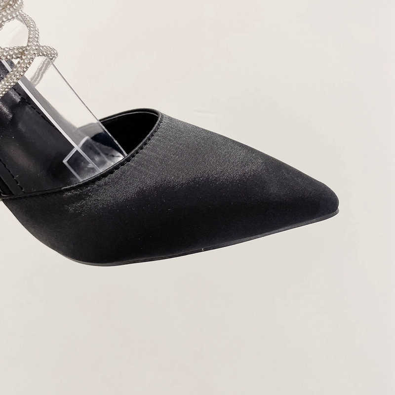 HBP Non-Brand Dress shoes Rhinestone Heels 11CM Strap tip Simulated silk super high heels Rear zipper high top shoes Pointed toe Lace up Stiletto Sand