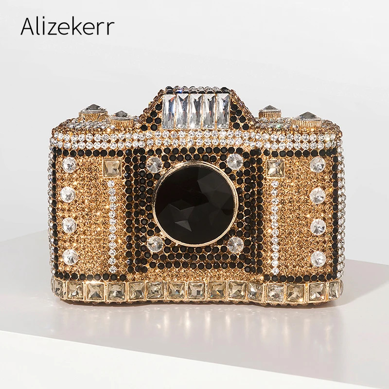 Camera Shaped Diamond Evening Clutch Bags Boutique Novelty Metallic Rhinestone Purses And Handbags Bridal Wedding Party 240315