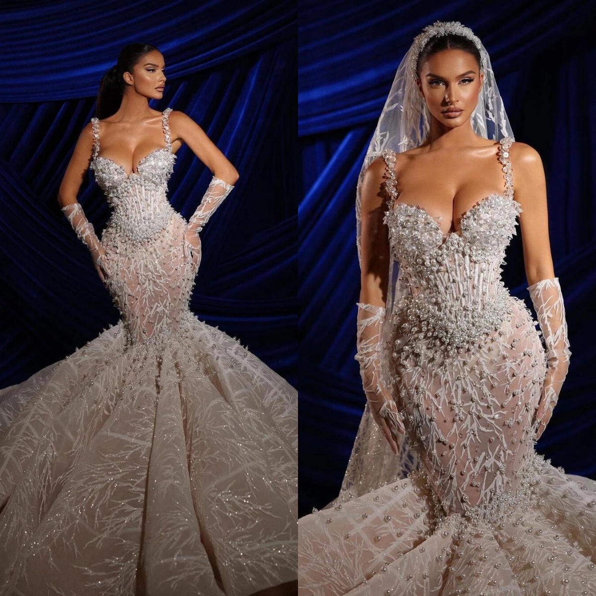 Luxury Mermaid Bridal Gowns Pearl Spaghetti Straps Wedding Dress Sequins See Through Sleeveless Custom Made Sweep Train Bride Dresses Plus Size