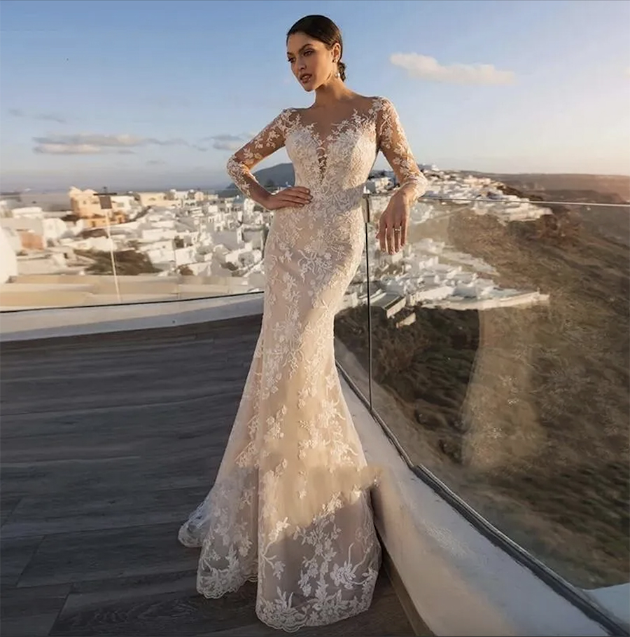 Appliques Gorgeous Lace Long Sleeves Mermaid Wedding Dress for Bride Sheer Mesh Top Button Decoration Illusion Back with Detachable Skirt Vestido De N