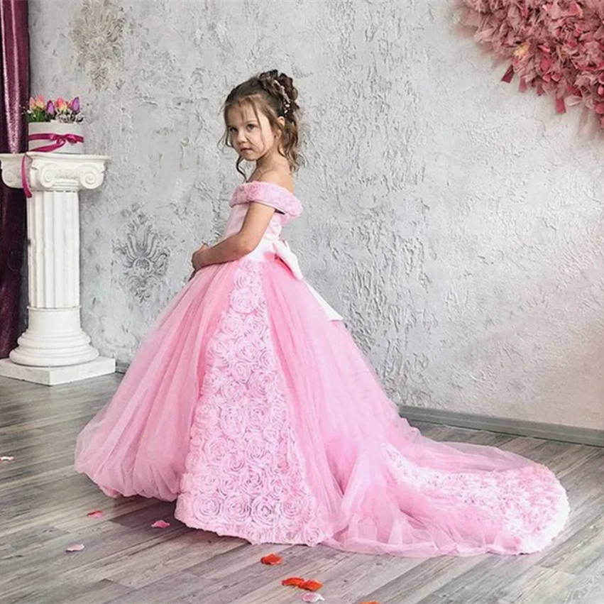 Cute 3D Floral Pink Flower Girls Dresses Off The Shoulder Long Kids Formal Wear Pageant Gown Princess Prom Birthday Dress Wedding Party Gowns With Bow
