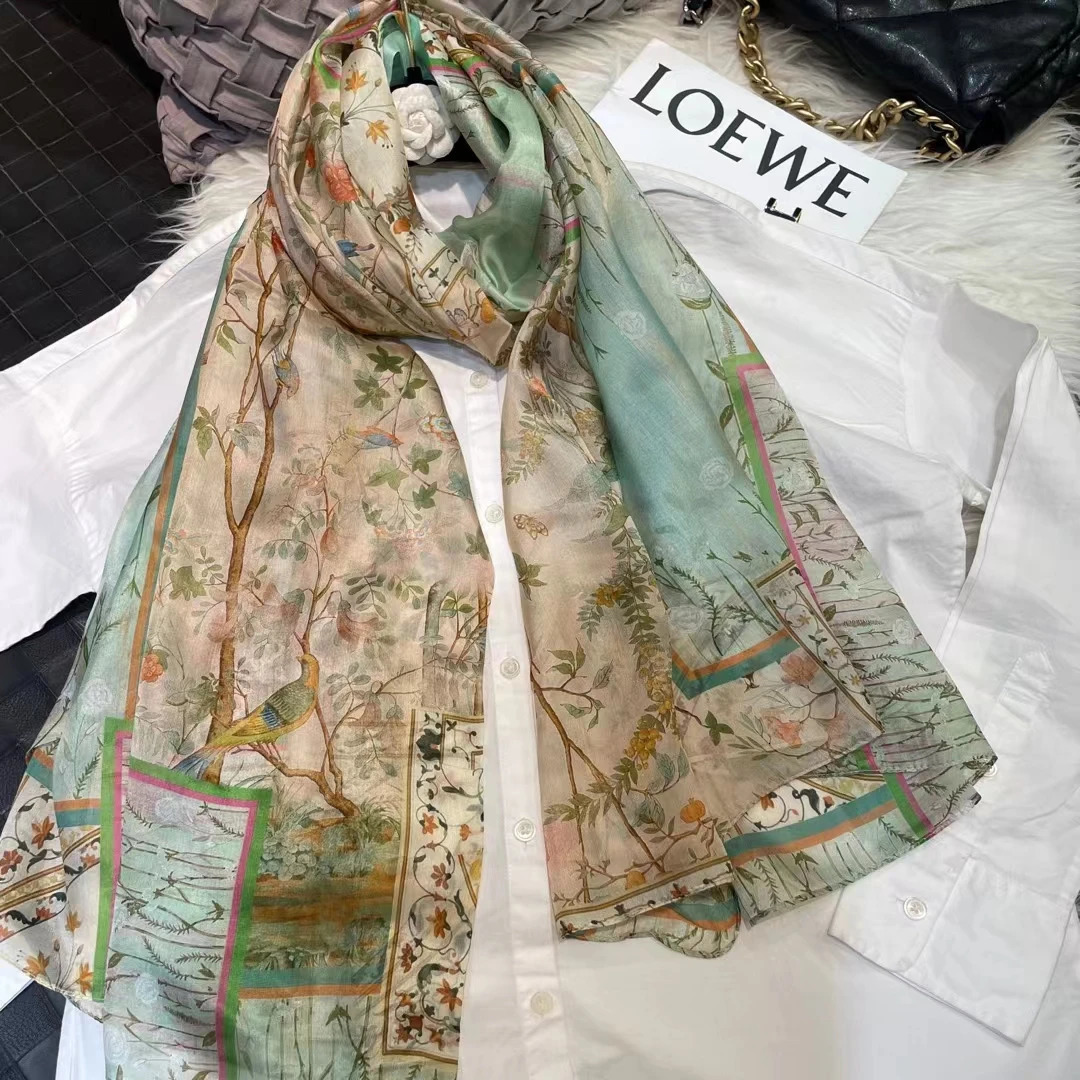 BYSIFA| Light Green Silk Scarf Ladies Fashion Spring Summer Floral Beach Scarves Shawls Fall Winter Long Scarves Wraps 180*110cm 240314