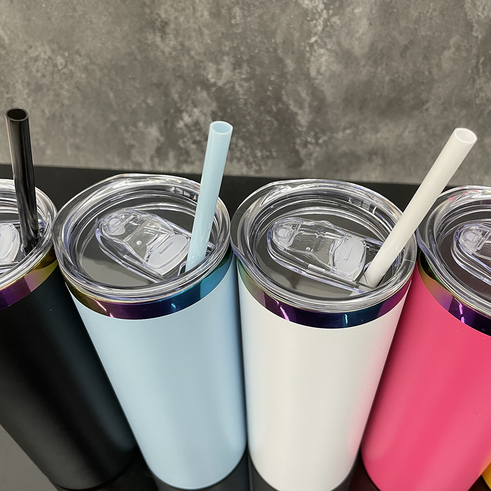 Colorful powder coated mirror rainbow plated underneath 20oz skinny straight stainless steel tumbler with lid and straw for laser engrave,sold by case