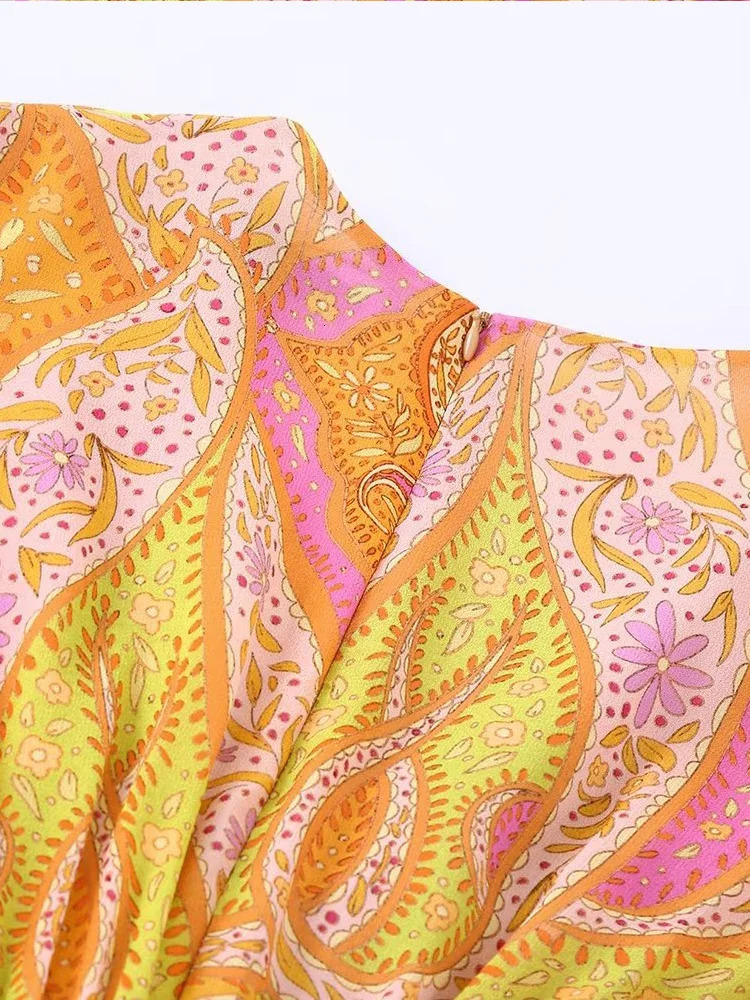 Willshela Women Fashion Printed Hollow Out Back Zipper Mini Dress Vintage VNeck Long Sleeves Female Chic Lady Dresses 240305