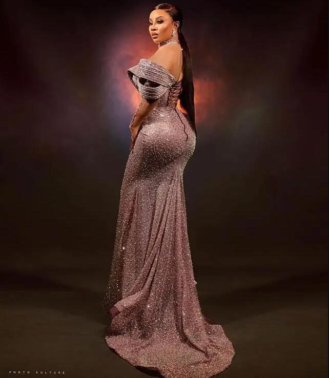 Sier Crystals Beaded Mermaid Evening Dresses African 2024 Aso Ebi High Neck Sheer Long Sleeves Ruffles Formal Party Dress Event Gala Gowns 0319