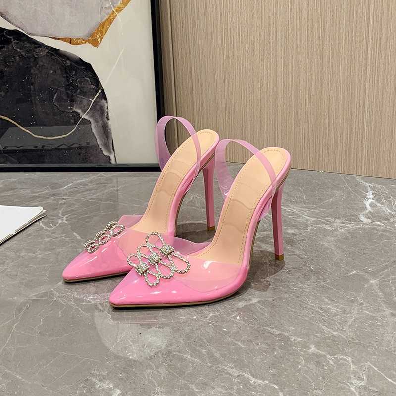 HBP Non-Brand Womens Shoes Pvc Sandals Slingback Transparent Bow Rhinestone Talon Femme Ladies High Heels Flower Tip Transparent High-heeled Sandals B