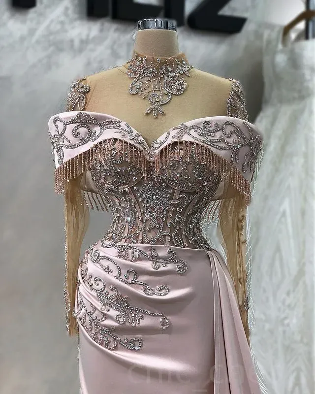 Aso Ebi Champagne Mermaid Prom Beaded Crystals Lace Evening Formal Party Second Reception Birthday Engagement Gowns Dress Robe De Soiree