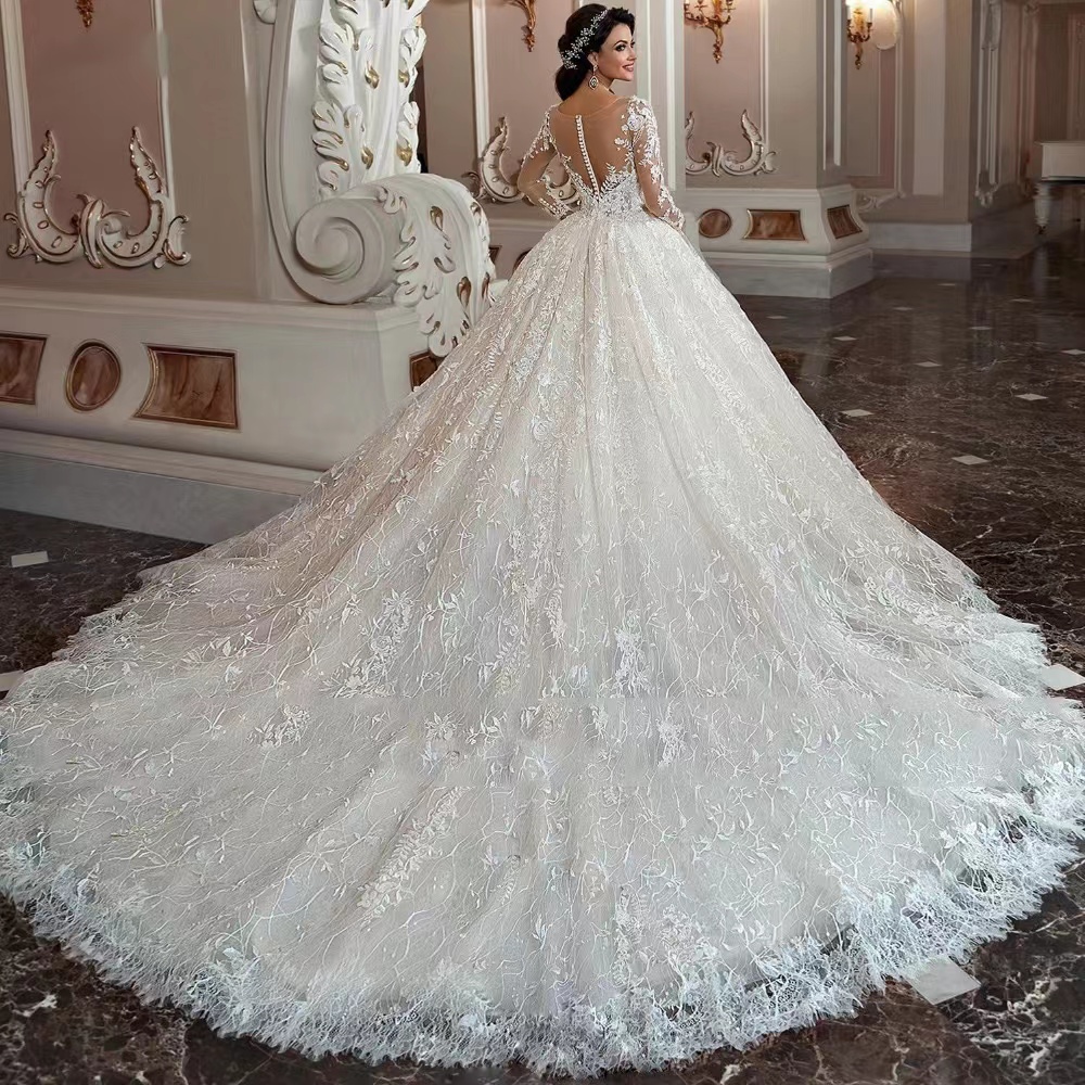 2025 Boho Wedding Dress Plus Size Bride Long Mesh Lace Sleeve A-E Pleated Dresses Button Back Bridal Gowns Plus Size Garden Tulle Sweep Train Robe De 