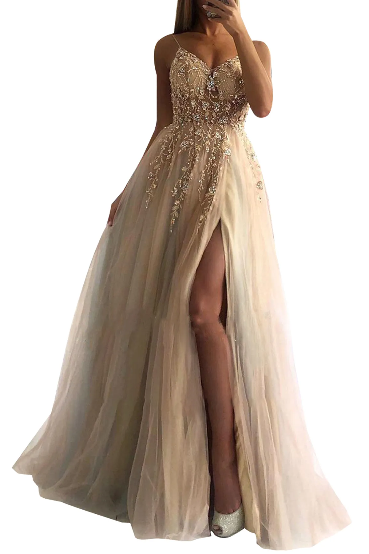 Champagne Grey Tulle Prom Dresses With Sexy Spaghetti Straps Appliques Illusion Top Beads A Line Evening Celebrity Gowns Bc5488
