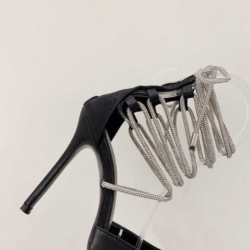 HBP Non-Brand Dress shoes Rhinestone Heels 11CM Strap tip Simulated silk super high heels Rear zipper high top shoes Pointed toe Lace up Stiletto Sand