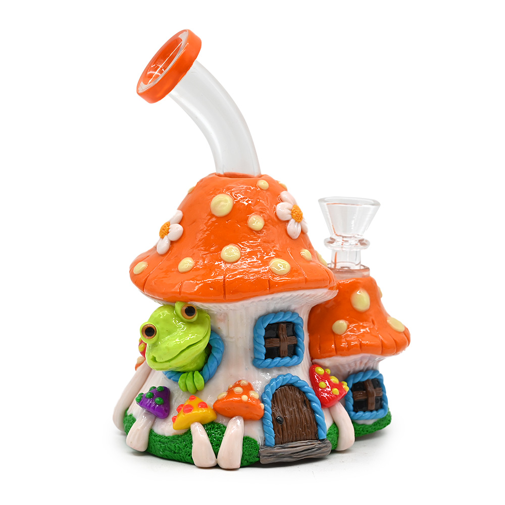 1pc,Glass Mushroom Bong With Polymer Clay Decorations,Hand Painted Glass Rigs,Cute Frog Glass Pipes,Glass Hookah,Glass Smoking Item,Borosilicate Glass