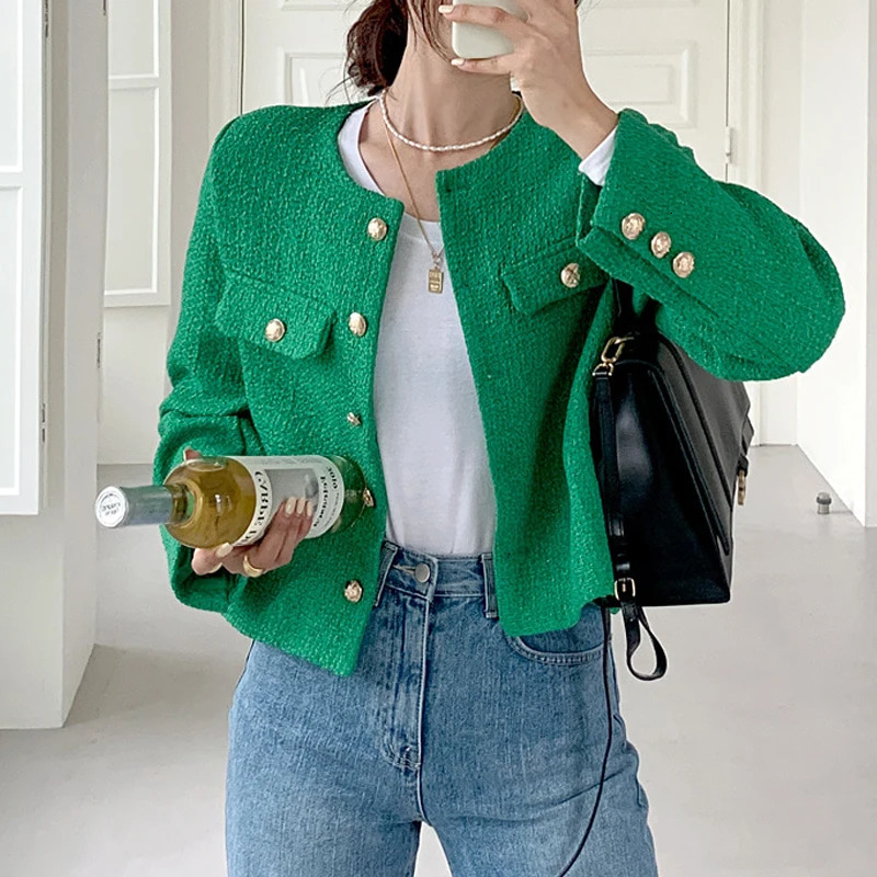 French Wool Tweed Coat Fashion Highend Gold Button Short Slim Temperament Autumn Winter Korean Coats Women Jacket Korea 240307