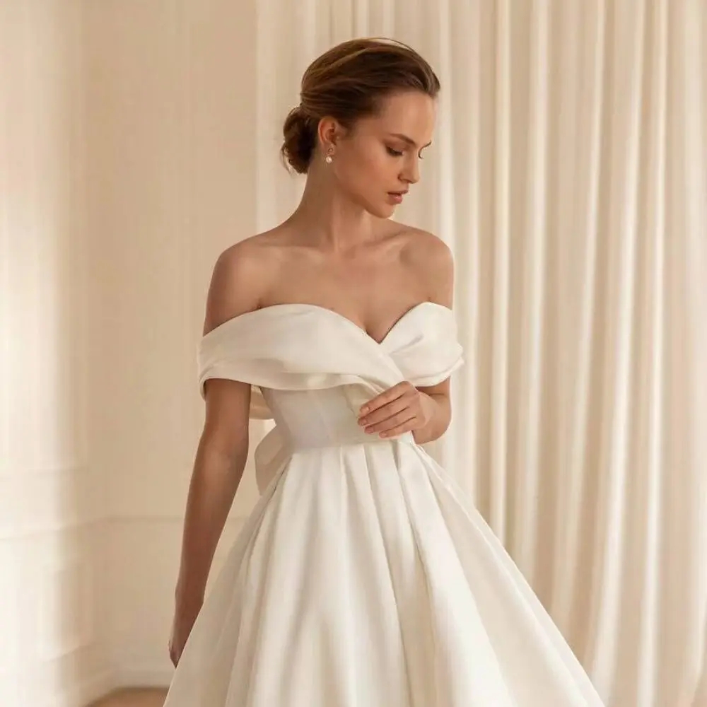 A-line Wedding Adorable Dress Off the Shoulder Strapless Bow Satin Open Back Ankle Length Draped Simple Vestidos De Novia YD