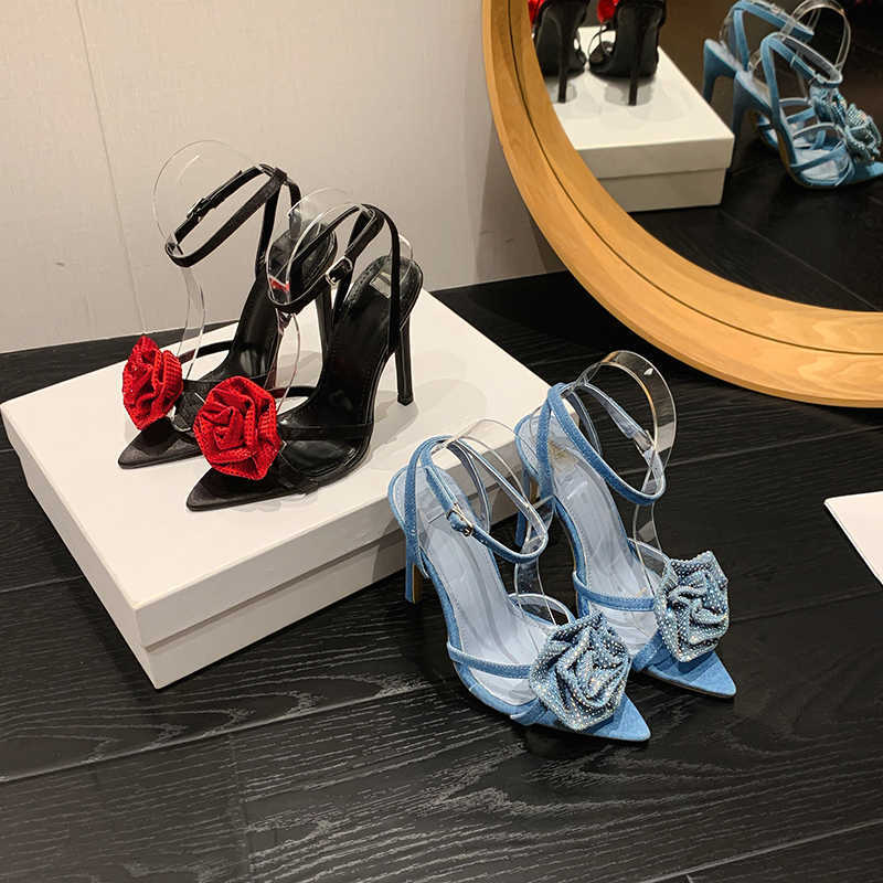HBP Non-Brand Shoes New Rhinestone Rose Blossom Elegant Designer Womens Sexy Pointed Party High Heels Denim Sandals Water Diamond Stiletto Heels Sanda
