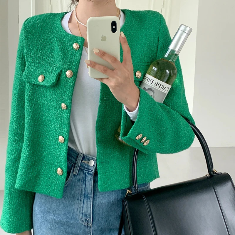 French Wool Tweed Coat Fashion Highend Gold Button Short Slim Temperament Autumn Winter Korean Coats Women Jacket Korea 240307