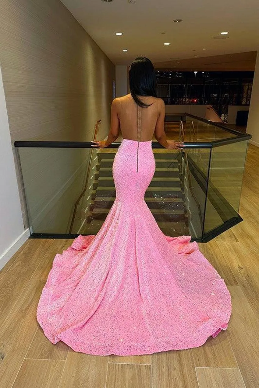 New Arabic Dubai Pink Prom Dresses Sexy Sheer Jewel Neck Mermaid Sequins Beads Long Evening Gowns Vestidos De Bal For Black Girls Bc18393