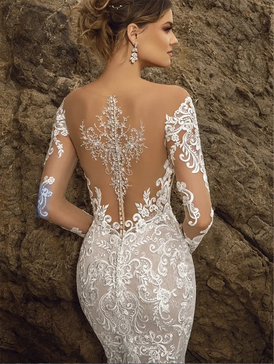 Newest Illusion Wedding Dress Mermaid Lace Deep V-Neck Neck Full Sleeves Chapel Train Plus Size Bride Gown 2024 Vestidos De Novia Mariage 0509