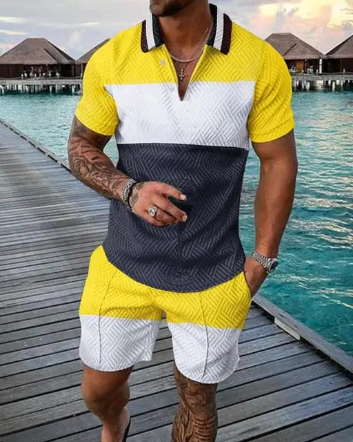 Simple Color Pattern Print Mens Tracksuit Summer Casual Zipper Collar Polo Shirt And Shorts 2pcs Sets Trend Clothing Streetwear 240315