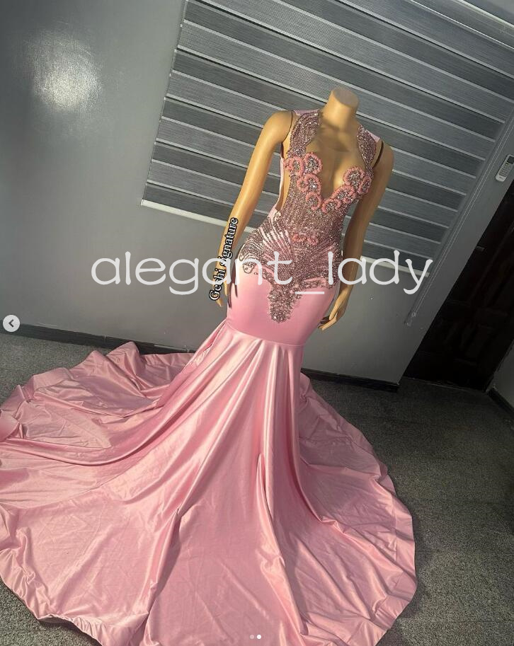 Pink Long Sparkly Mermaid Prom Ceremony Dresses for Black Girl 2024 Luxury Crystal Beaded Evening Gown robe de soiree