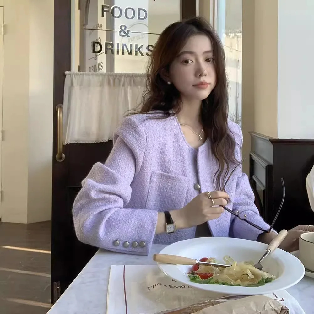 Chic Female Purple Tweed Jacket Autumn Vintage Women Round Neck Coat Korean Style Outerwear Basic Elegant Tops Overcoat 240307