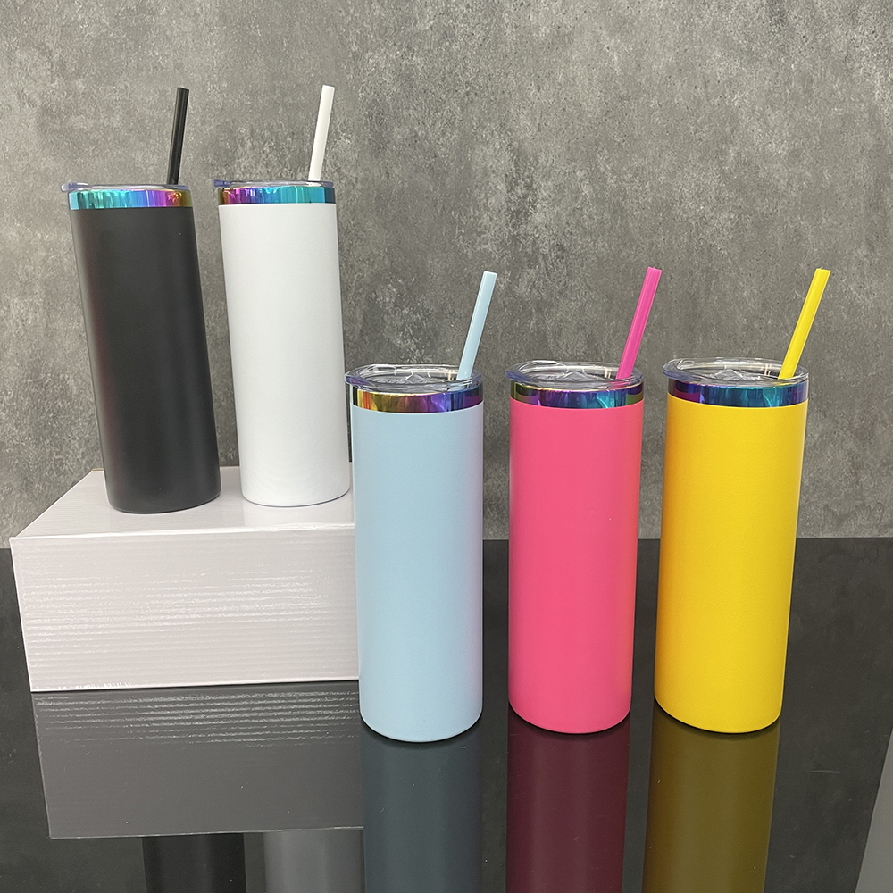 Colorful powder coated mirror rainbow plated underneath 20oz skinny straight stainless steel tumbler with lid and straw for laser engrave,sold by case