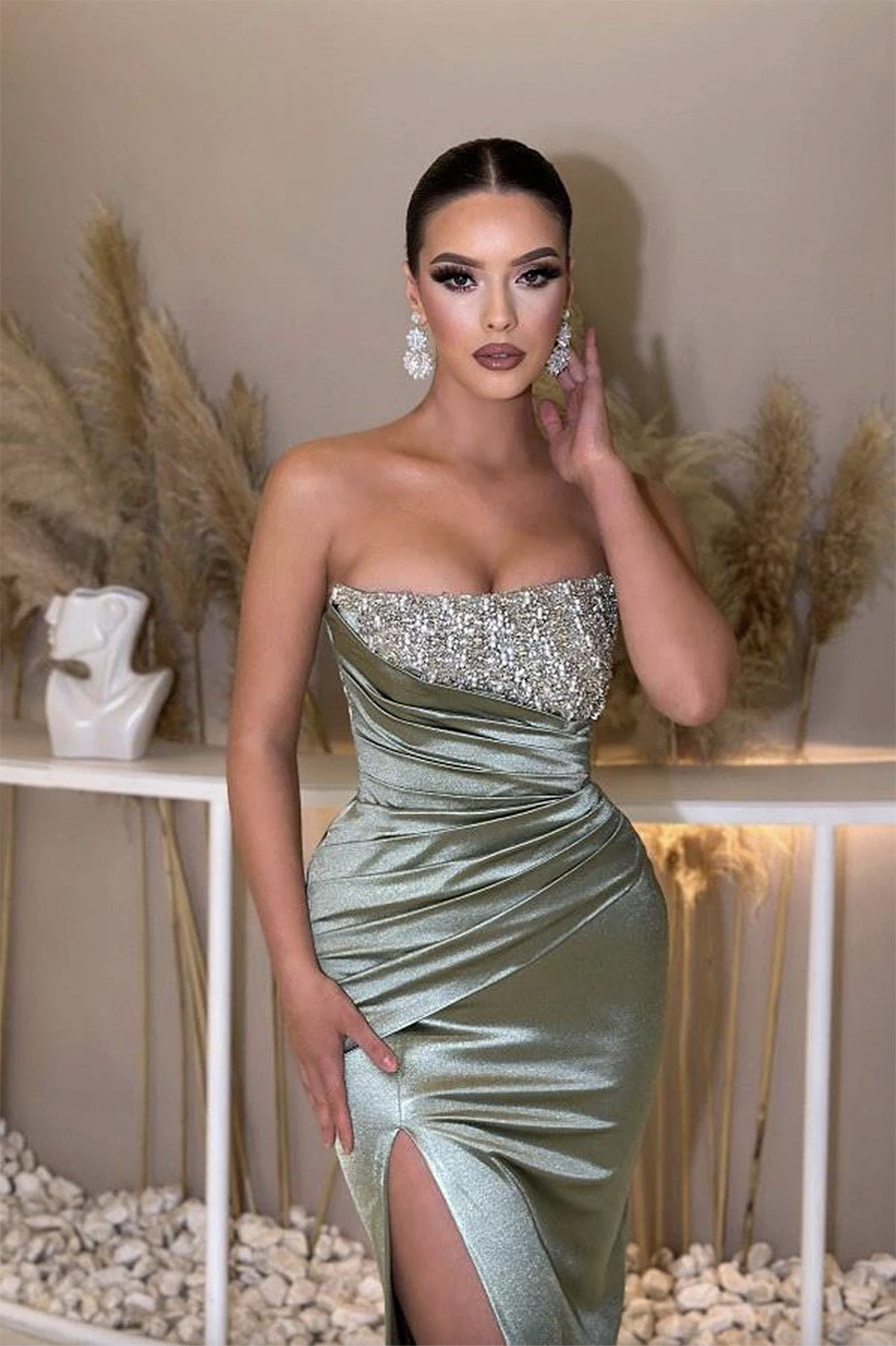Elegant Women Beaded Evening Party Dresses Strapless Sleeveless Satin High Split Ruched Prom Gowns Formal Vestidos 6660306