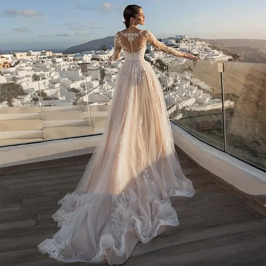Appliques Gorgeous Lace Long Sleeves Mermaid Wedding Dress for Bride Sheer Mesh Top Button Decoration Illusion Back with Detachable Skirt Vestido De N