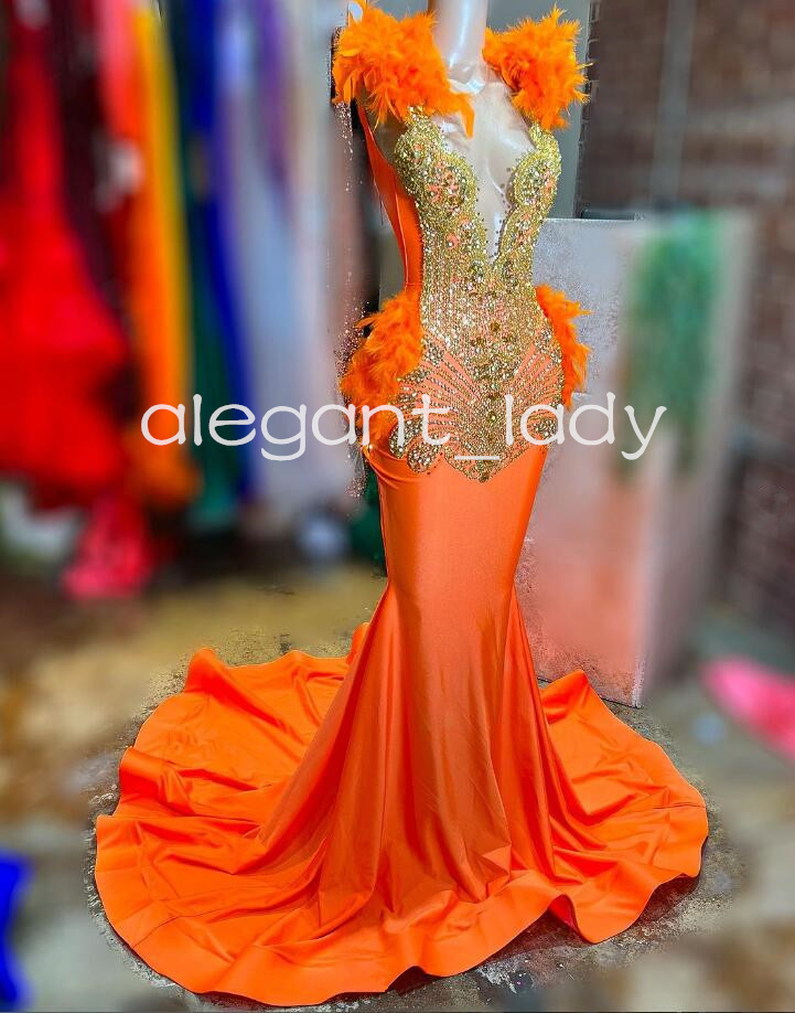 Orange Sparkly Long Evening Birthday Dresses for Black Girl 2024 Luxury Crystal Feather Prom Gala Ceremony Dress
